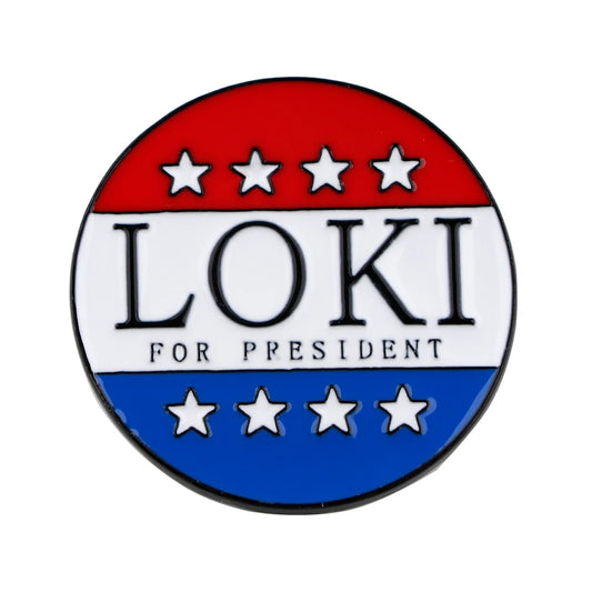 Metalowa przypinka Loki For President – vintage’owa broszka z gwiazdami