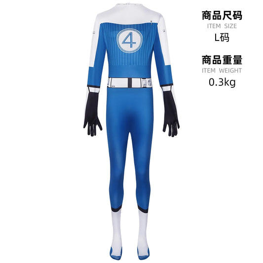 Kostium Fantastic Four Johnny Storm – niebiesko-biały kombinezon z logo 4