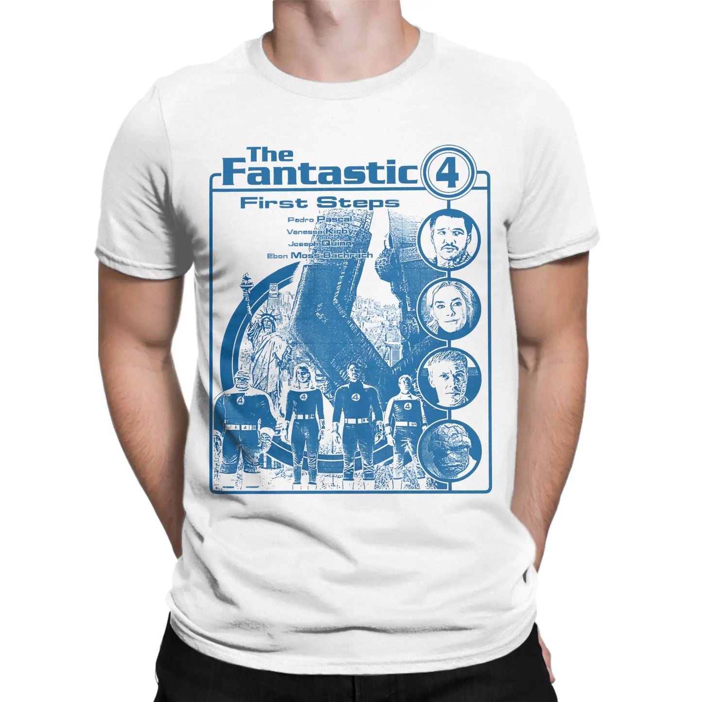 T-shirt The Fantastic 4 First Steps – retro niebieski plakat, unisex
