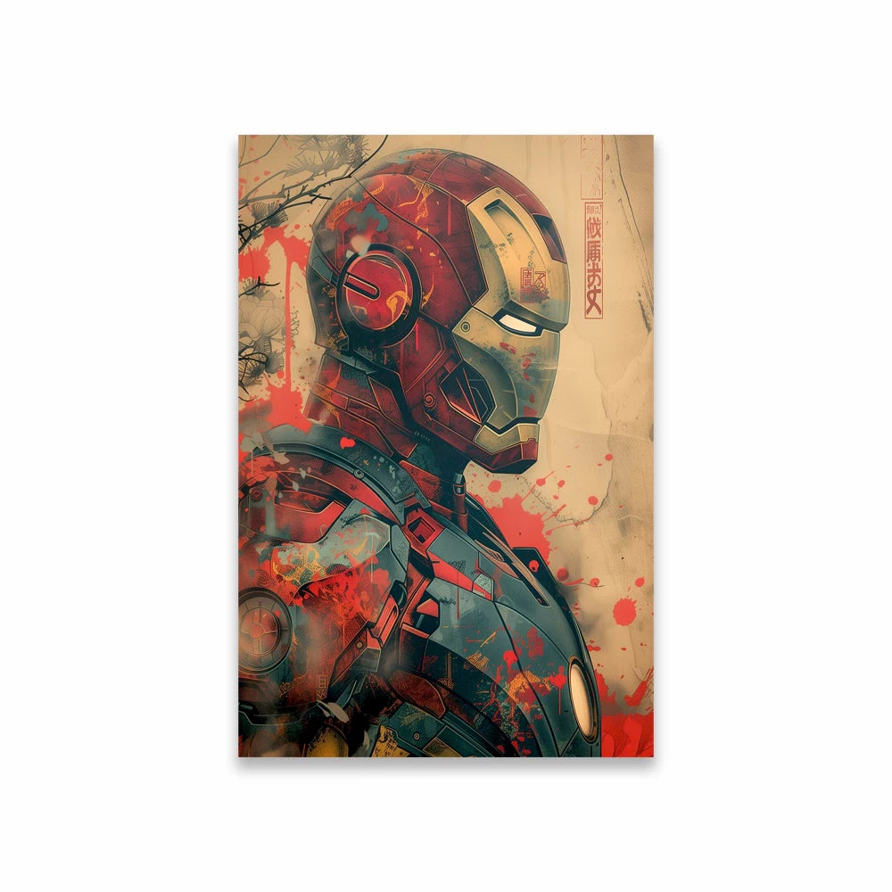 Plakat Avengers Iron Man – profil hełmu, czerwone rozbryzgi