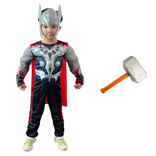 Kostium cosplay Thor dla dziecka - umięśniony kombinezon z młotem