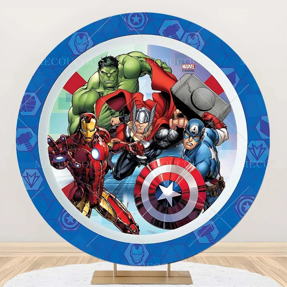 Okrągłe tło Avengers – dekoracja urodzinowa z grupą bohaterów