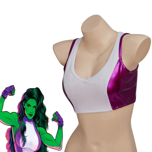 Sportowy top She-Hulk – biały i fioletowy crop top
