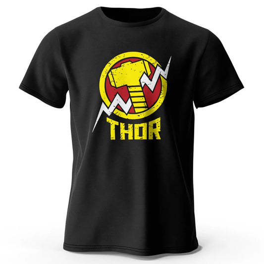 Czarny T-shirt Thor – vintage’owe logo młota i błyskawicy