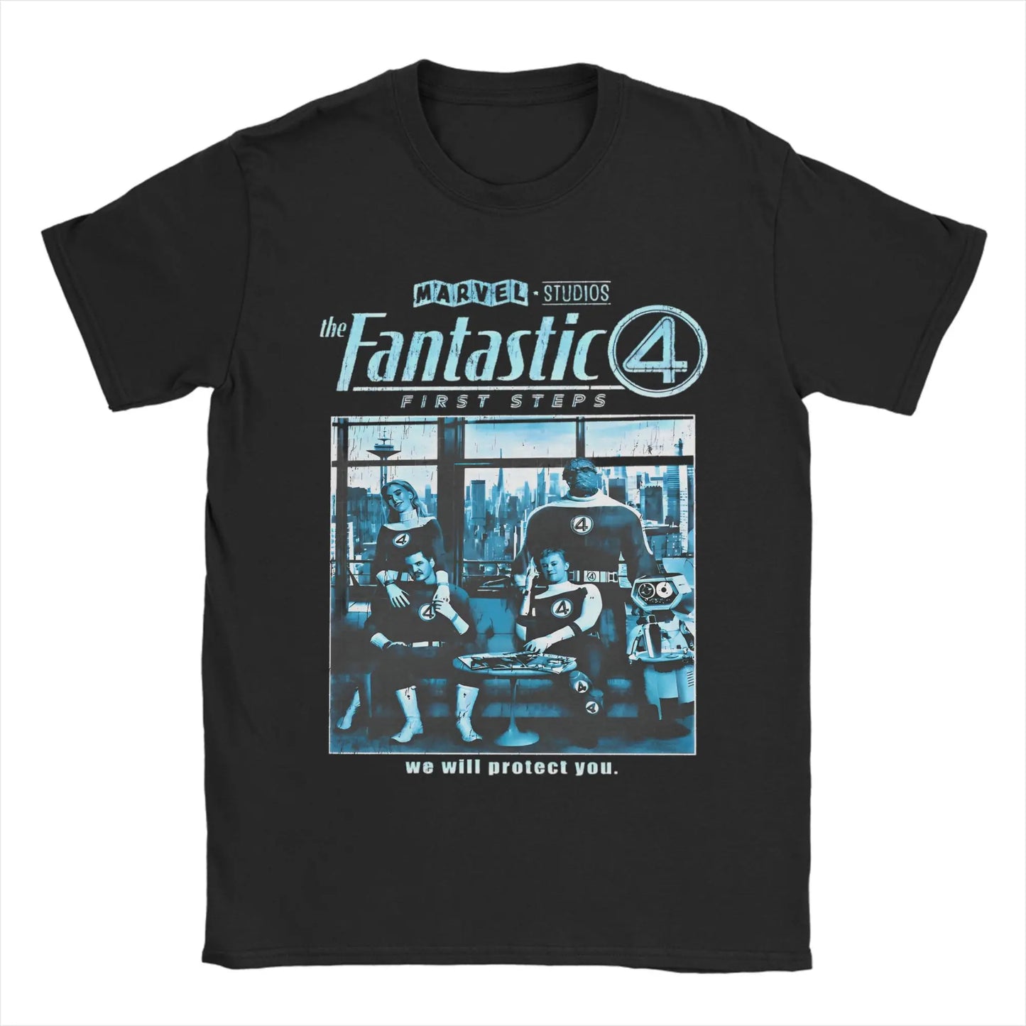 T-shirt The Fantastic 4 First Steps – retro niebieski plakat, unisex