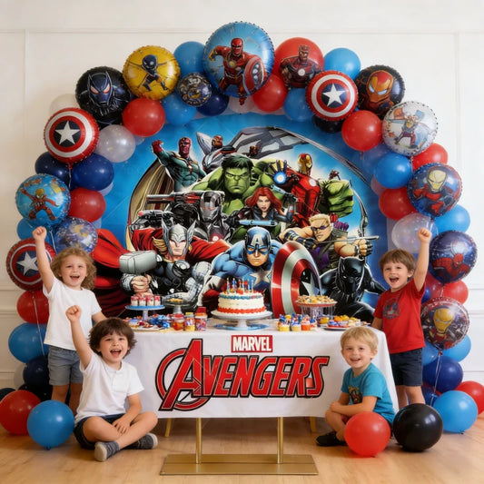Okrągłe tło Avengers – dekoracja urodzinowa z grupą bohaterów