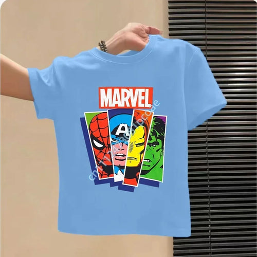 Dziecięcy T-shirt Avengers Marvel z paskami i portretami - niebieski