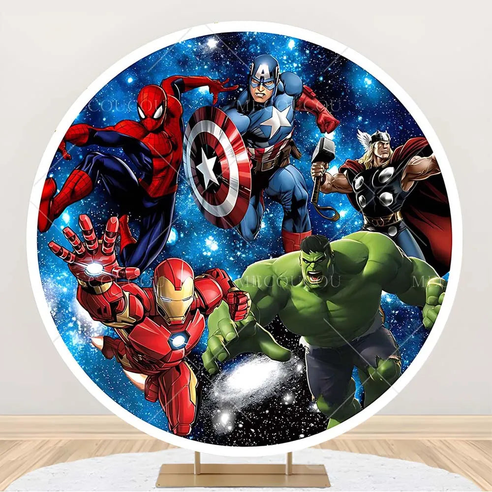 Okrągłe tło Avengers – dekoracja urodzinowa z grupą bohaterów