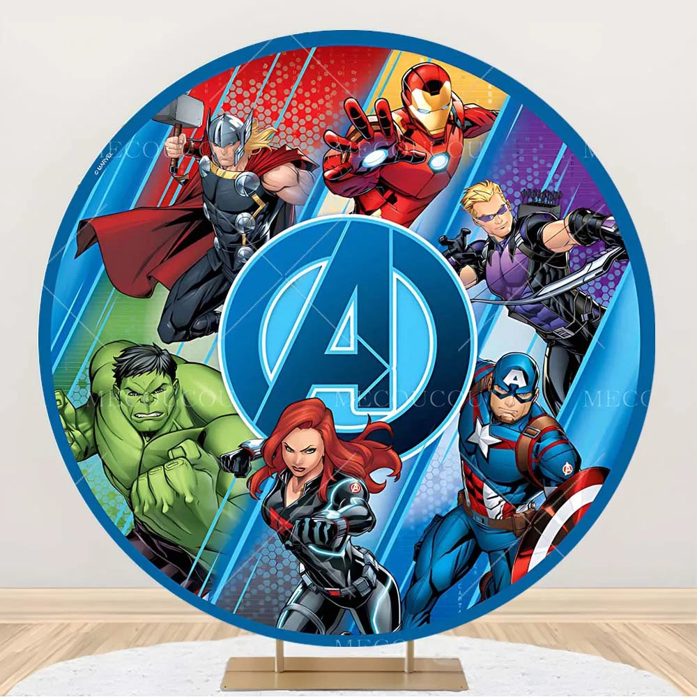 Okrągłe tło Avengers – dekoracja urodzinowa z grupą bohaterów