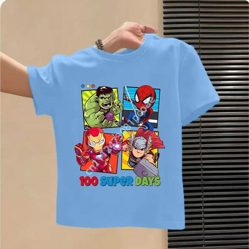 Dziecięcy T-shirt Avengers 100 Super Days - błękitny