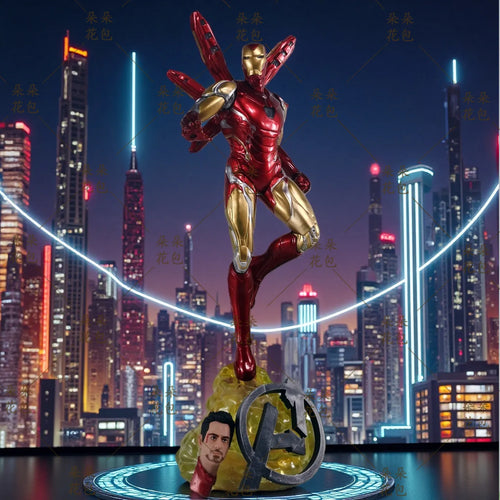 Figurka Iron Mana z podwójną głową LED – nocna panorama Avengers