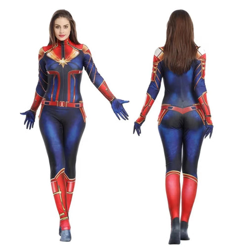 Strój Captain Marvel – niebiesko-czerwono-złoty kombinezon