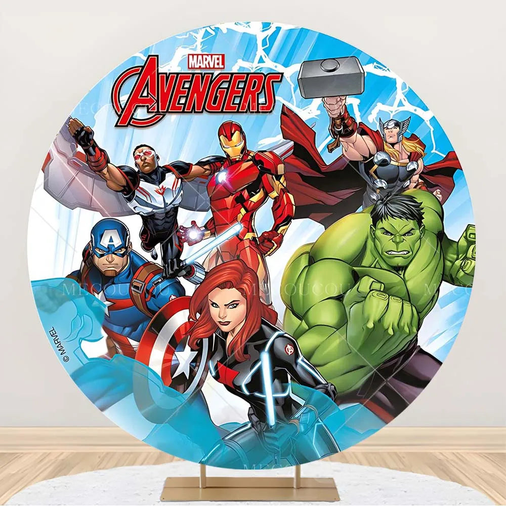 Okrągłe tło Avengers – dekoracja urodzinowa z grupą bohaterów
