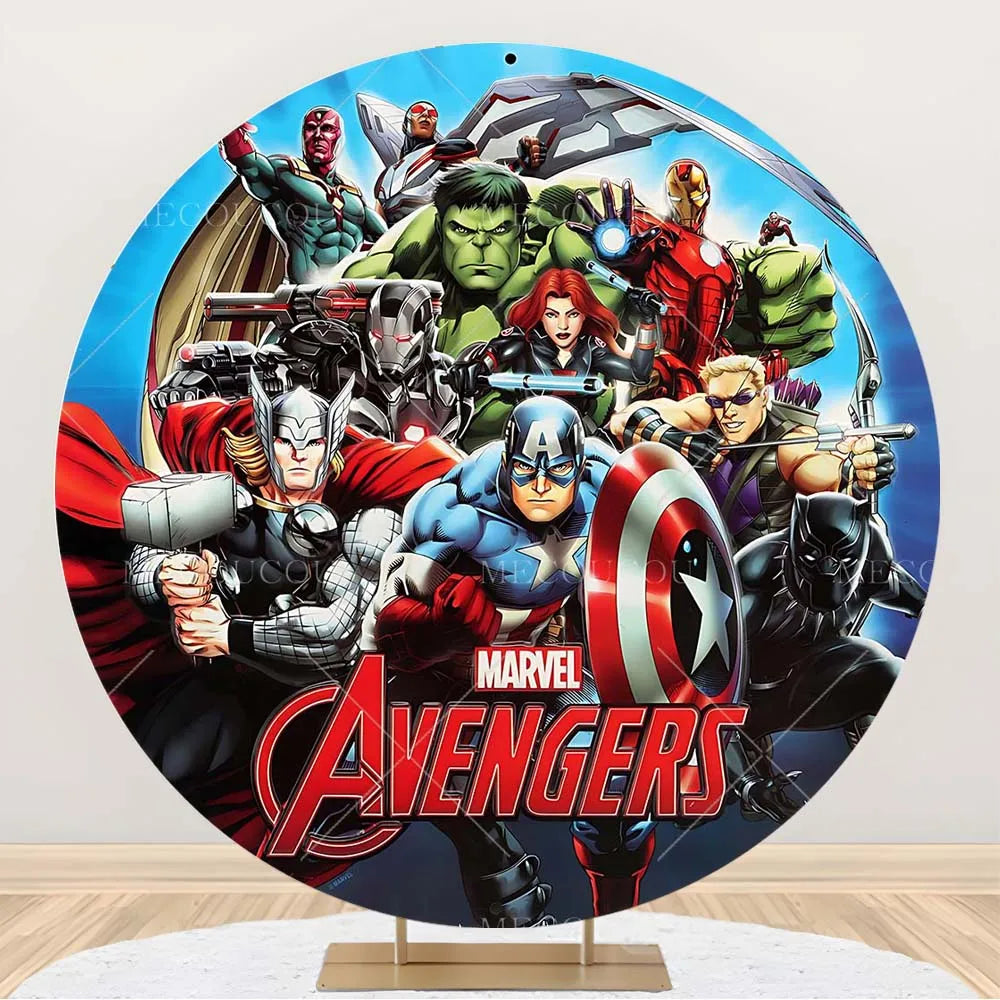 Okrągłe tło Avengers – dekoracja urodzinowa z grupą bohaterów