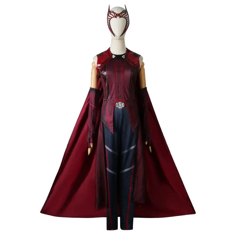 Kostium cosplayowy Wanda Maximoff Scarlet Witch – czerwony kombinezon, peleryna i nakrycie głowy