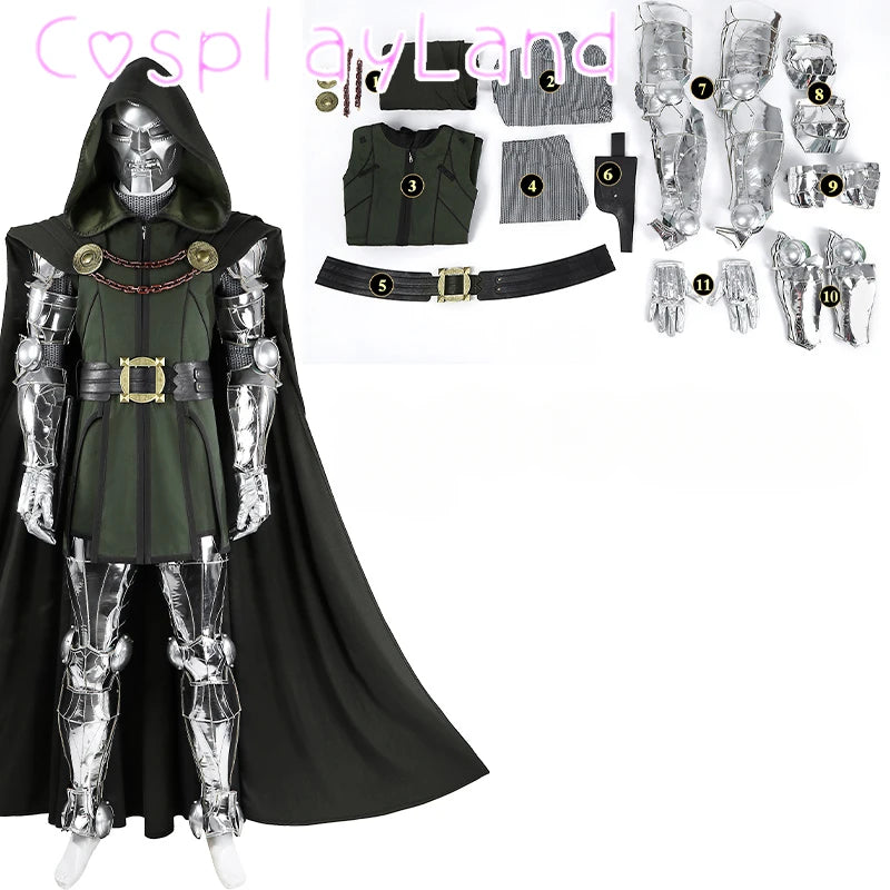 Strój Doctor Doom – srebrny kombinezon-zbroja z czarną peleryną