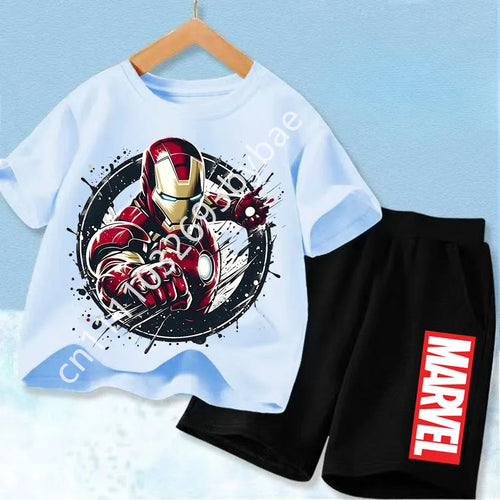 Dziecięcy T-shirt Avengers Iron Man — lodowoniebieski komplet, czarne szorty