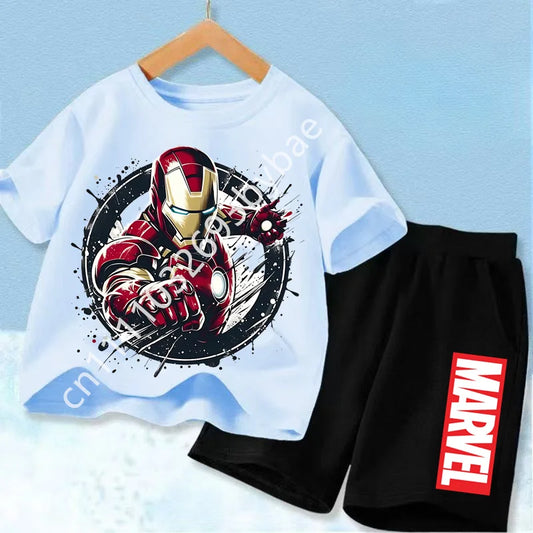 Dziecięcy T-shirt Avengers Iron Man — lodowoniebieski komplet, czarne szorty