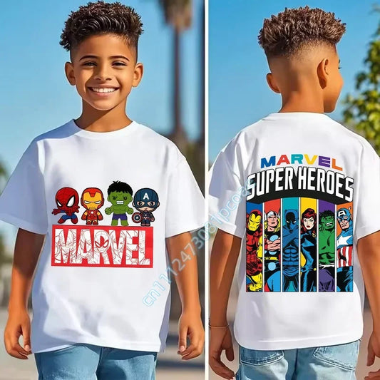 Dziecięcy T-shirt Marvel Super Heroes - kolorowe paski z postaciami na plecach