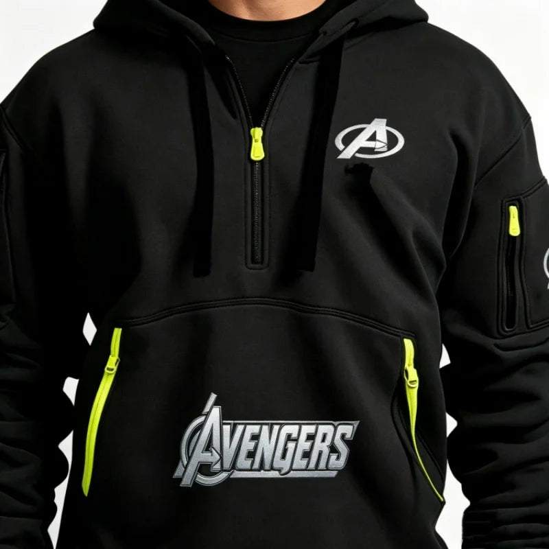 Męska bluza z kapturem Avengers z krótkim zamkiem – wielokieszeniowa, czarno-żółta