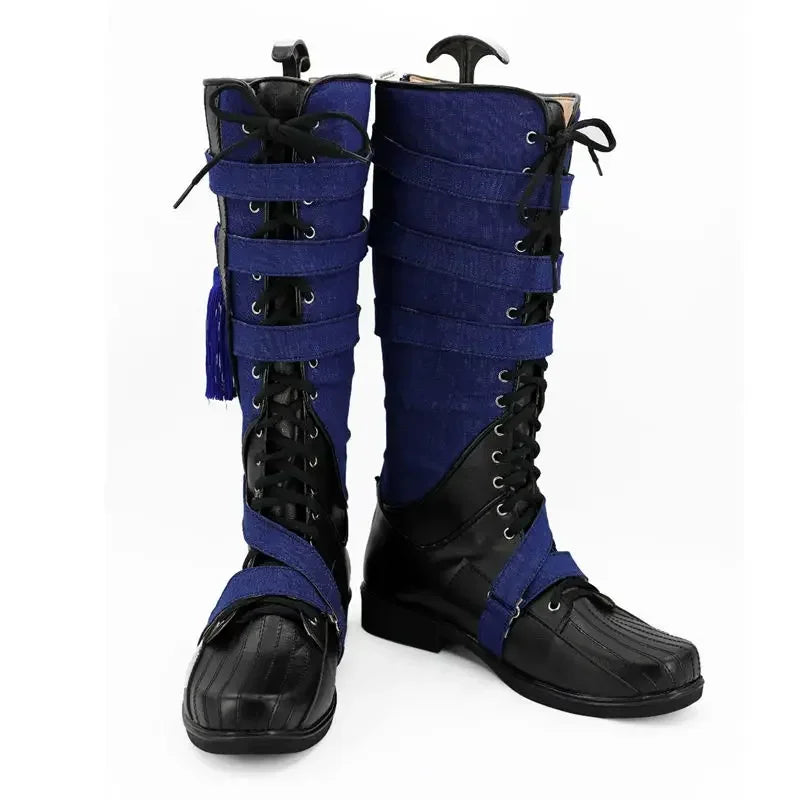 Fantazyjne buty cosplayowe – granatowo-czarna skóra z pomponem (kobieta)