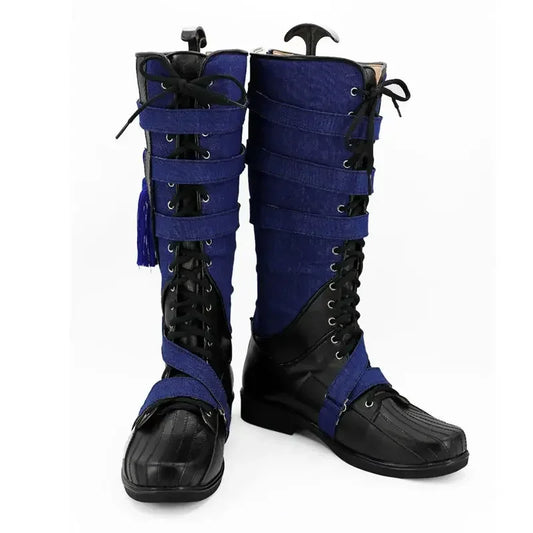 Fantazyjne buty cosplayowe – granatowo-czarna skóra z pomponem (kobieta)