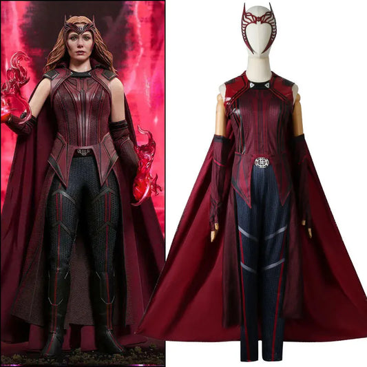 Kostium cosplayowy Wanda Maximoff Scarlet Witch – czerwony kombinezon, peleryna i nakrycie głowy