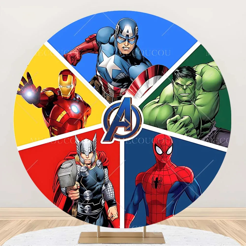 Okrągłe tło Avengers – dekoracja urodzinowa z grupą bohaterów