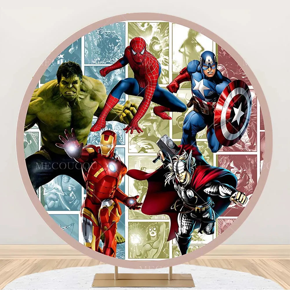Okrągłe tło Avengers – dekoracja urodzinowa z grupą bohaterów