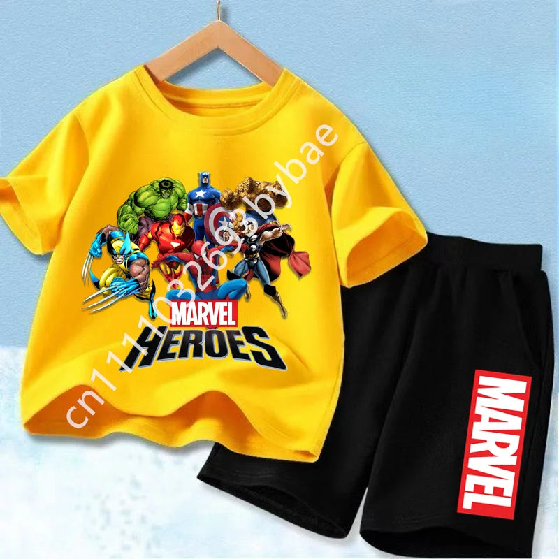Dziecięcy T-shirt Avengers Marvel Heroes — żółty komplet z grupą bohaterów
