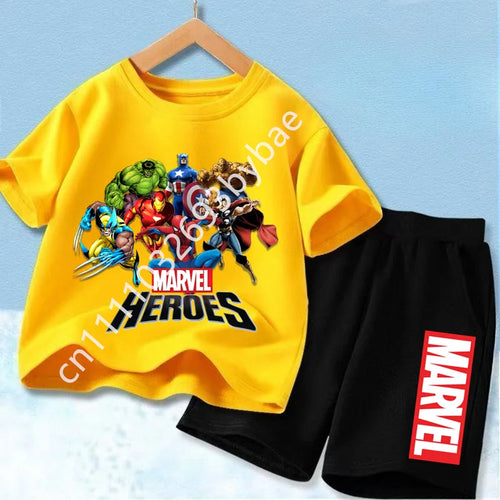 Dziecięcy T-shirt Avengers Marvel Heroes — żółty komplet z grupą bohaterów