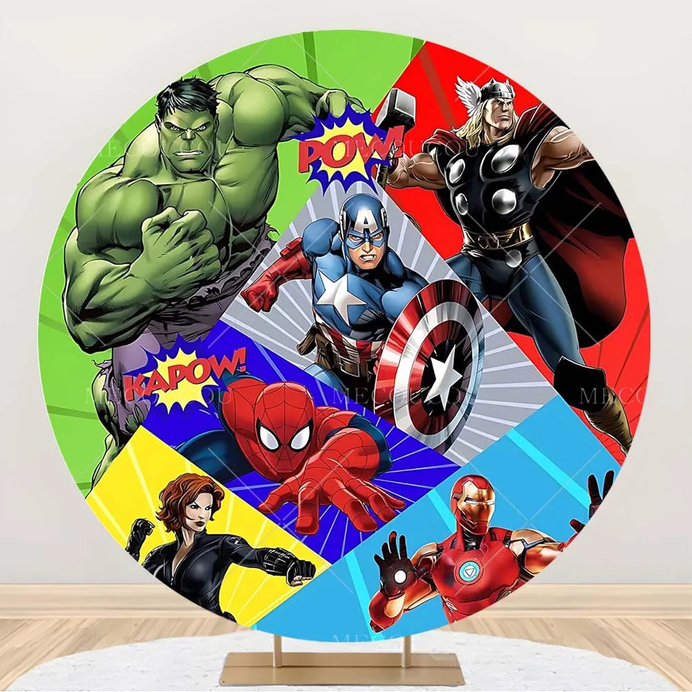 Okrągłe tło Avengers – dekoracja urodzinowa z grupą bohaterów