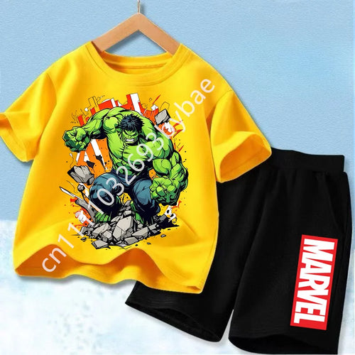Dziecięcy T-shirt Avengers Hulk — żółty komplet, czarne szorty