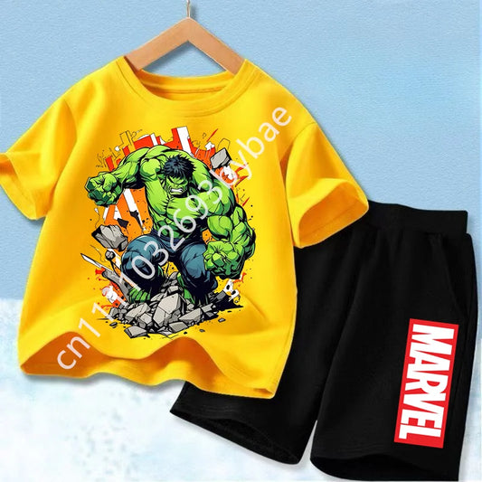 Dziecięcy T-shirt Avengers Hulk — żółty komplet, czarne szorty