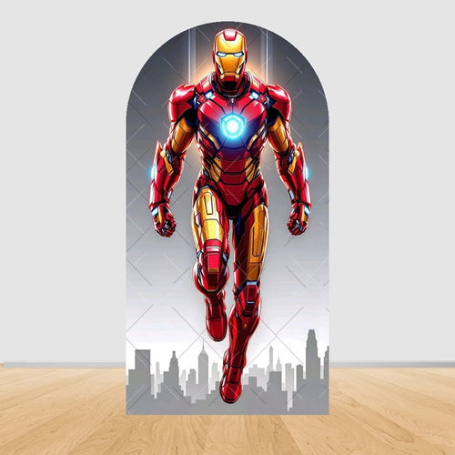 Tło imprezowe z łukiem Avengers Iron Man – lot, sylwetka miasta
