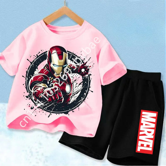 Dziecięcy T-shirt Avengers Iron Man — różowy komplet, czarne szorty