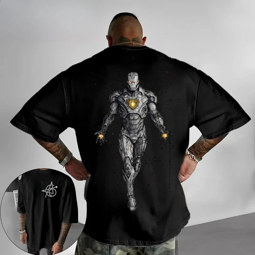 Biały oversize’owy T-shirt Avengers Iron Man – cyberpunkowa grafika liniowa Tech