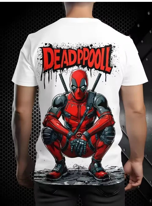 Męski T-shirt Deadpool 3D — kucający z katanami na białym tle