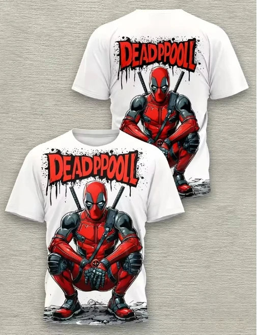 Męski T-shirt Deadpool 3D — kucający z katanami na białym tle