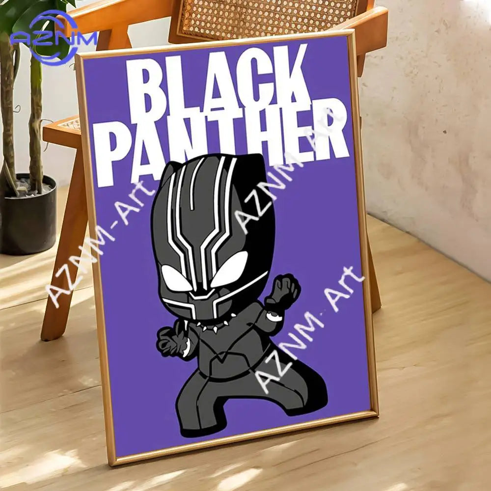 Plakat chibi Marvel Heroes — grupa bohaterów, czerwona ramka