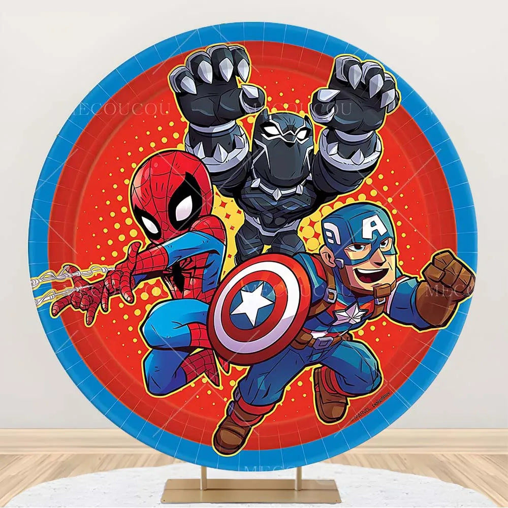 Okrągłe tło Avengers – dekoracja urodzinowa z grupą bohaterów