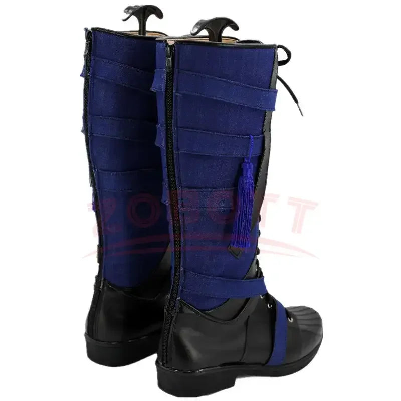 Fantazyjne buty cosplayowe – granatowo-czarna skóra z pomponem (kobieta)