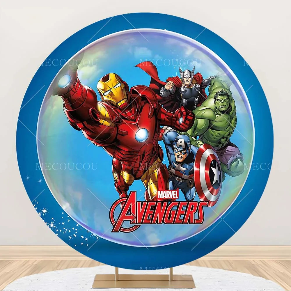 Okrągłe tło Avengers – dekoracja urodzinowa z grupą bohaterów