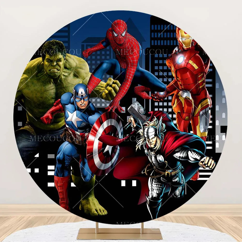 Okrągłe tło Avengers – dekoracja urodzinowa z grupą bohaterów
