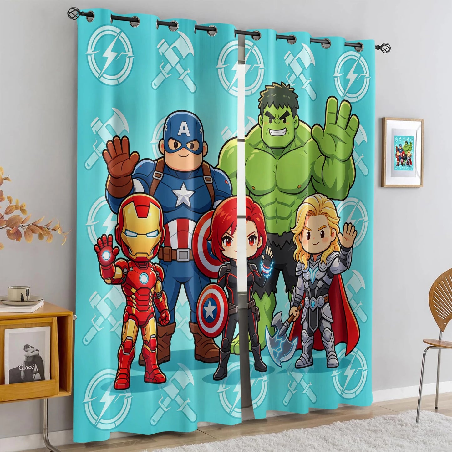 Zasłony Avengers Chibi – zaciemniające, turkusowe