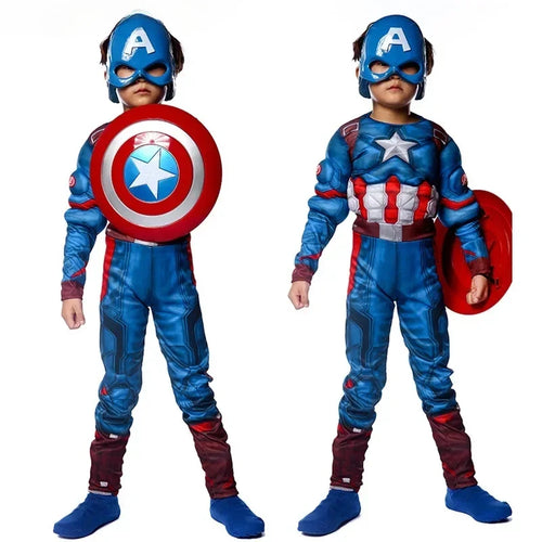 Dziecięcy kostium Captain America — muskularny kombinezon z tarczą