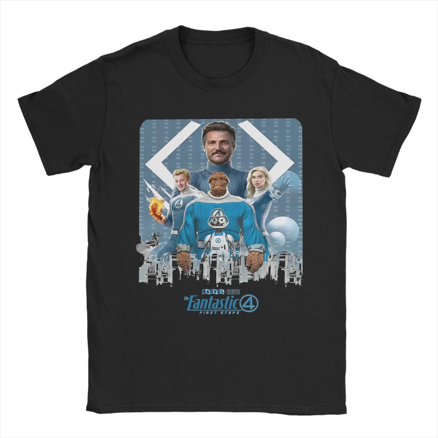 T-shirt The Fantastic 4 First Steps – retro niebieski plakat, unisex