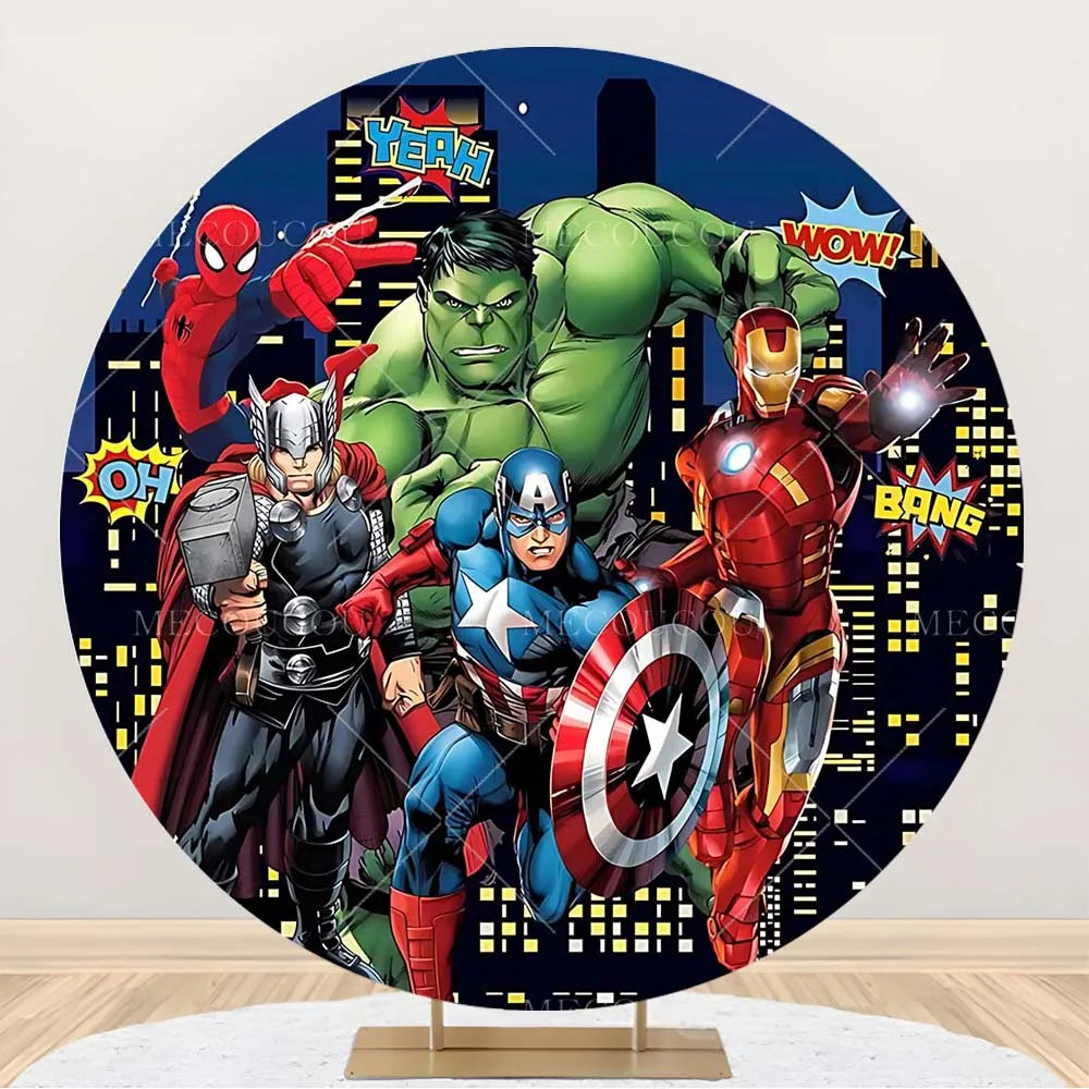 Okrągłe tło Avengers – dekoracja urodzinowa z grupą bohaterów