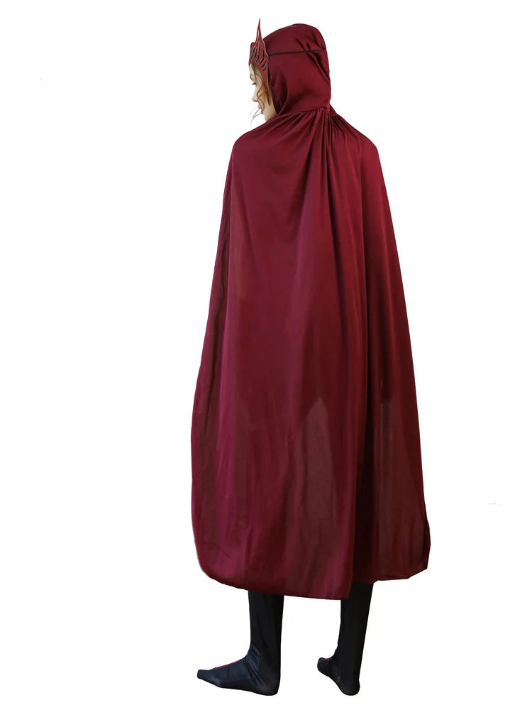 Kostium cosplayowy Wanda Maximoff Scarlet Witch – czerwony kombinezon, peleryna i nakrycie głowy