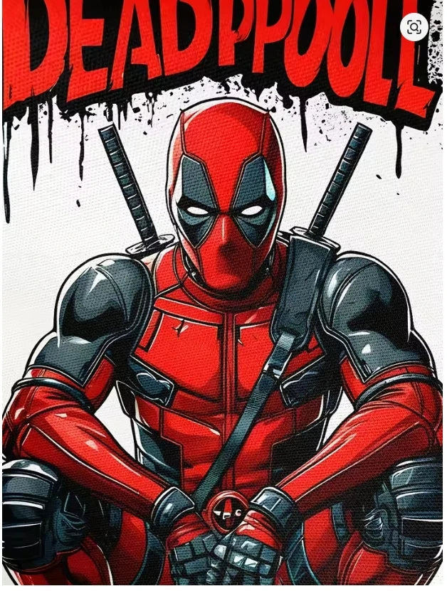 Męski T-shirt Deadpool 3D — kucający z katanami na białym tle